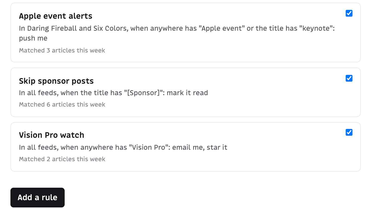 Three automation rules written as plain sentences, each with a toggle and a matched-this-week count