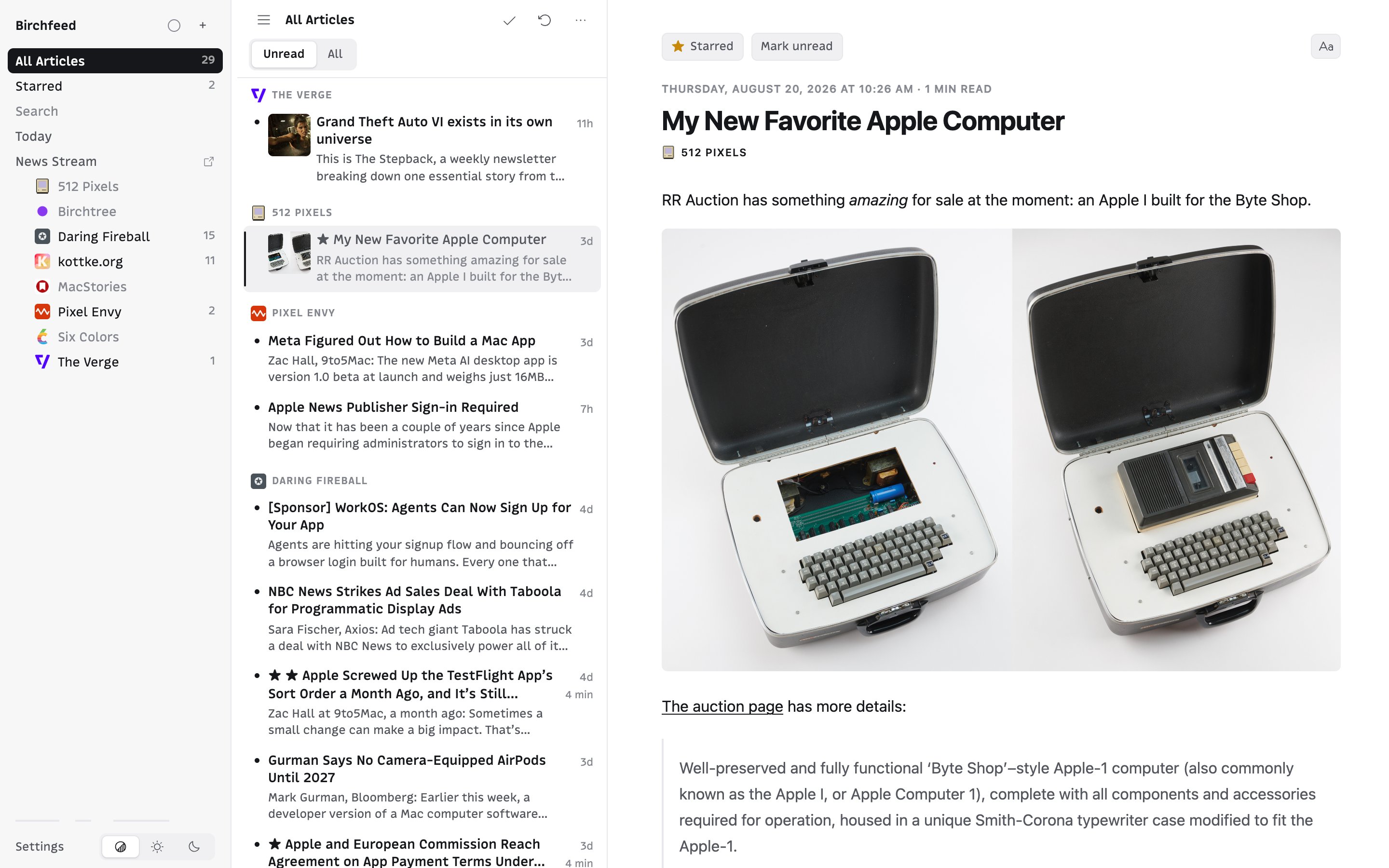 The Birchfeed web reader: a three-pane view with feeds on the left, an article list in the middle, and the open article on the right