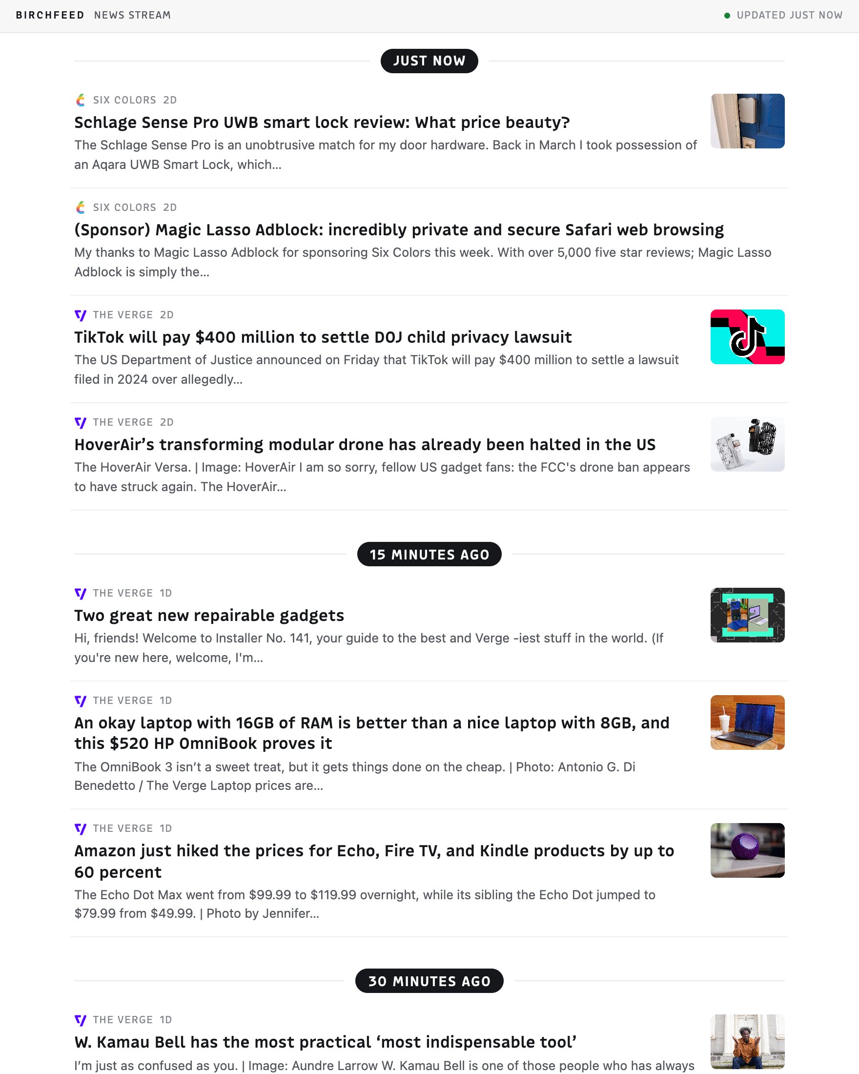 The News Stream: a single live column of arriving articles with a freshness indicator at the top