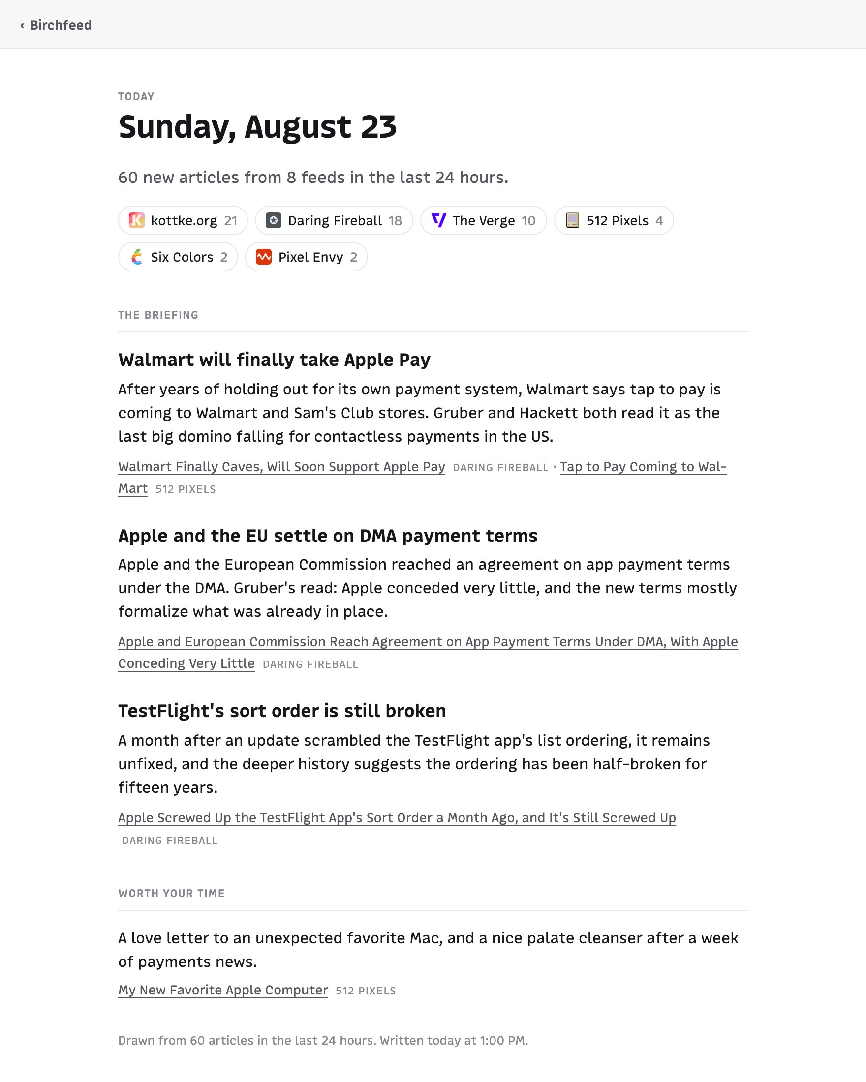 The Today page: the day’s date, a written briefing, and the last 24 hours of arrivals grouped by feed